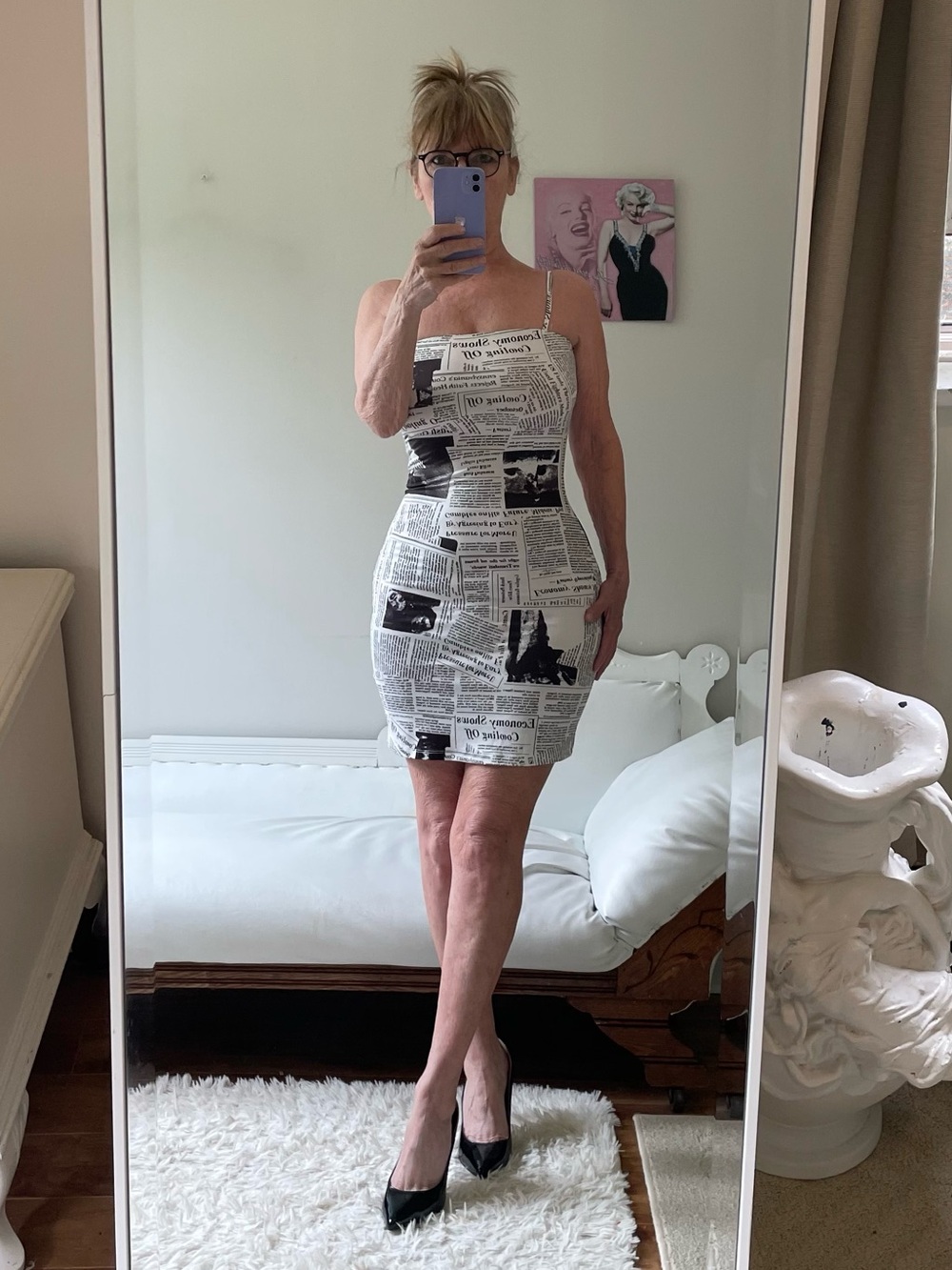 BLACK WHITE NEWSPRINT SLIP DRESS ADJUSTABLE SPAGHETTI STRAPS HEADLINES STRETCH